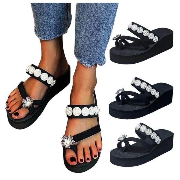 

slippers women's summer fashion rhinestone flowers casual platform wedge street style modern streetwear drop, Black