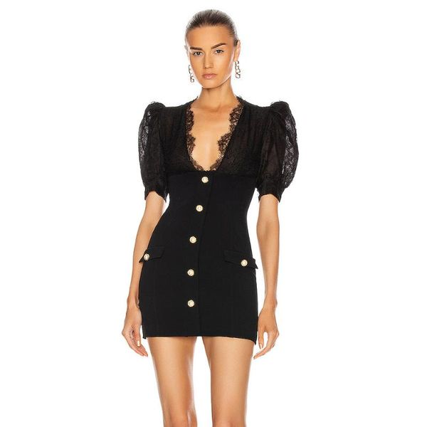 

black dress 2021 summer women's retro v neck mini stretch slim puff sleeve short lace v-neck bandage casual dresses, Black;gray