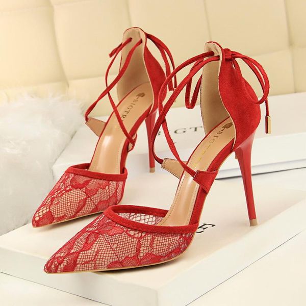 

women lace hollow cross-tied up pumps shoes 2021 summer ladies pointed toe  cm thin high heels party sandals dress, Black