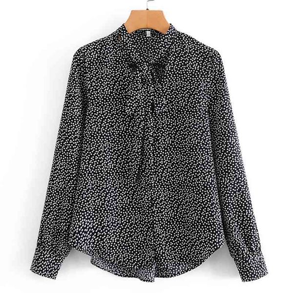 

summer 100% polyester long lace v-neck slim black dot printing pullover casual women shirt 210524, White