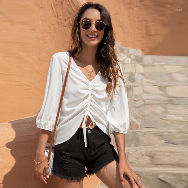

women's blouses & shirts ruched chiffon women summer pleated v neck casual fashion solid puff sleeve crop black white shirt blusa