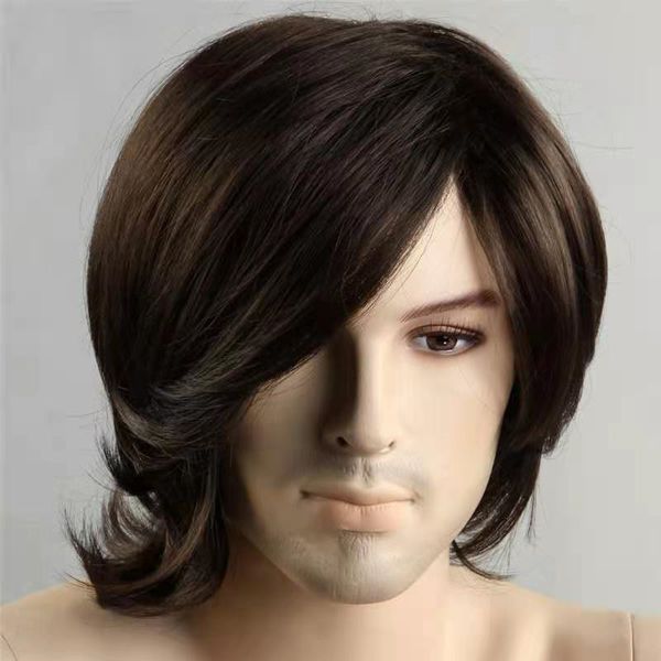 

men black synthetic wigs with side part bangs for mens daily wig male wavy natural hair heat resistant breathable