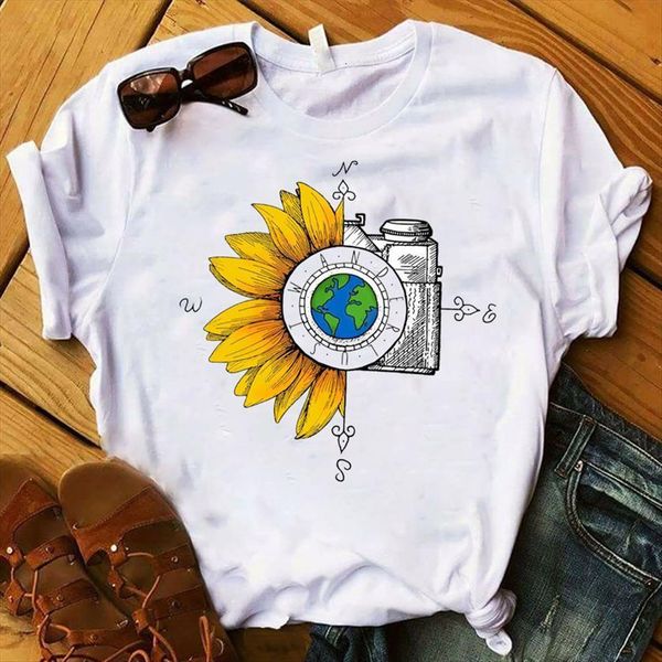 

sunflower camera printed women short sleeve loose tee clothes graphic, White