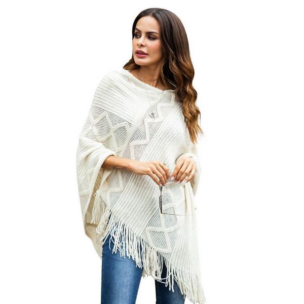 

women's sweaters fashion women casual knitted cloak coat v-neck pullover tassel shawl asymmetrical hem loose wild, White;black