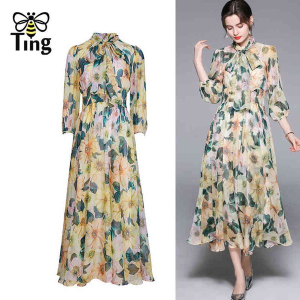 

designer flower summer chiffon bow party dinner dress lily printing midi vintage elegant dresses vestidos robes 210513, Black;gray