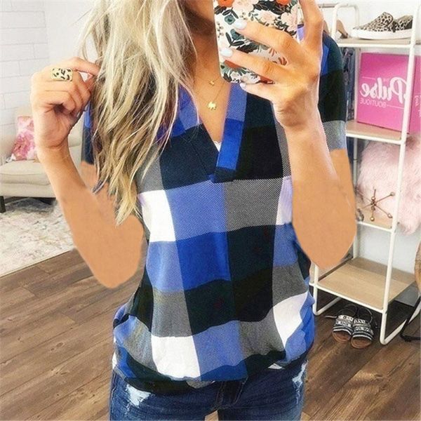 

women's spring autumn long sleeve plaid check tee shirt blouse ladies workout casual loose pullover women clothing blouses & shirts, White