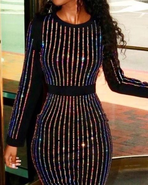 

casual dresses 2021 women's fashion elegant striped tie long sleeve sequin party dress round neck, Black;gray