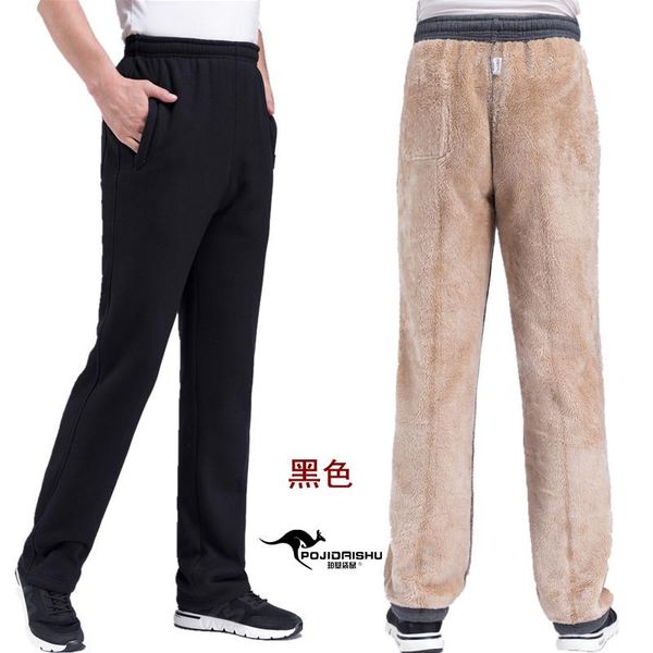 

men's pants 2022 winter lambskin thickened elastic waist track casual, Black