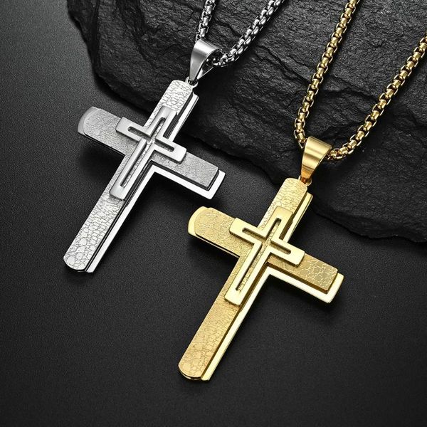 

simple fashion multi layer cross pendant necklace for men boyfriend titanium steel charm party jewelry gift necklaces, Silver