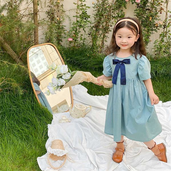 

summer little princess bownot solid color dresses girls cotton loose short sleeve dress kids party birthday 210615, Red;yellow