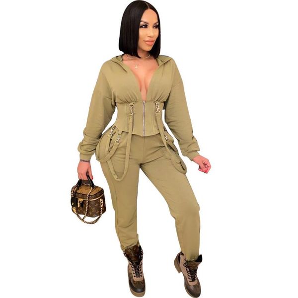

women's two piece pants ladies suit deep v hooded long sleeve jacket+casual two-piece african 2021 fall fashion slim s-xl, White
