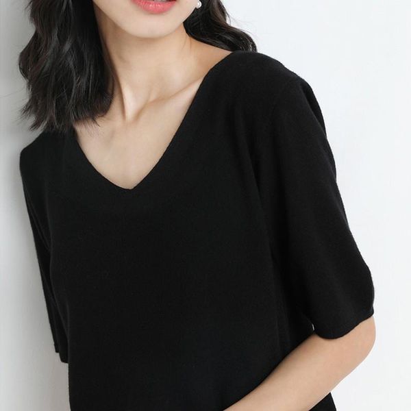 

women's t-shirt women summer t shirt knitted casual short sleeves v-neck loose kintwear basic female fashion, White