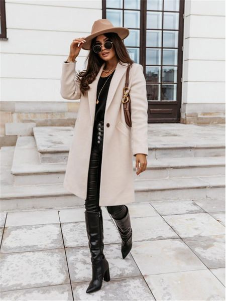 

women's wool & blends autumn winter women long sleeve lapel coat single button pocket solid color outerwear, Black