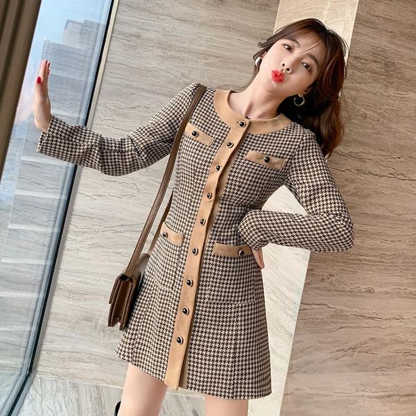 

casual dresses temperament and elegant dress 2021 autumn winter houndstooth stitching thin a-line skirt fashionable women's clothing, Black;gray