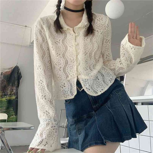 

lace hollow out shirts women summer vintage texture embroidered turn-down collar blouse elegant solid 210601, White