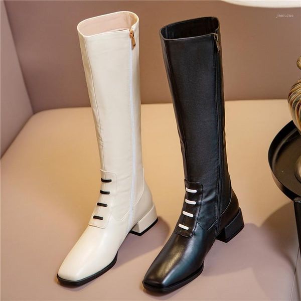 

boots 2021 fall winter skinny all-match knee-high women genuine leather design trend zip flat shoes zapatillas mujer1, Black