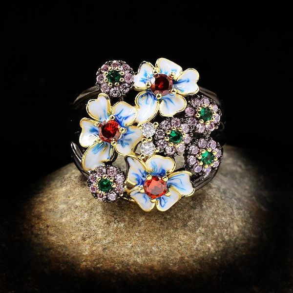 

cluster rings charlinliol antique temperament elegant flower for women noble 925 silver enamel zircon unique black gold finger ring, Golden;silver