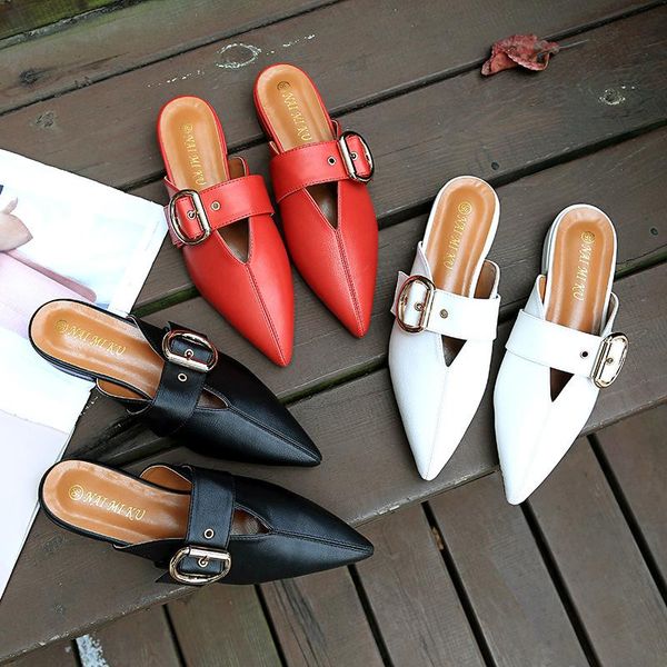 

slippers buckle strap mules ladies cut-out v-open slides women flip flops pointed toe sandals female solid leather rivet shoes, Black