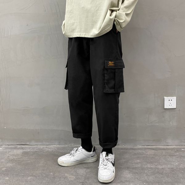 

Men Casual Cargo Pants Large Size 4XL Baggy Hip-pop Pockets Korean Cozy High Street Harajuku Bundle Ankle-length Trousers Adjust, Black