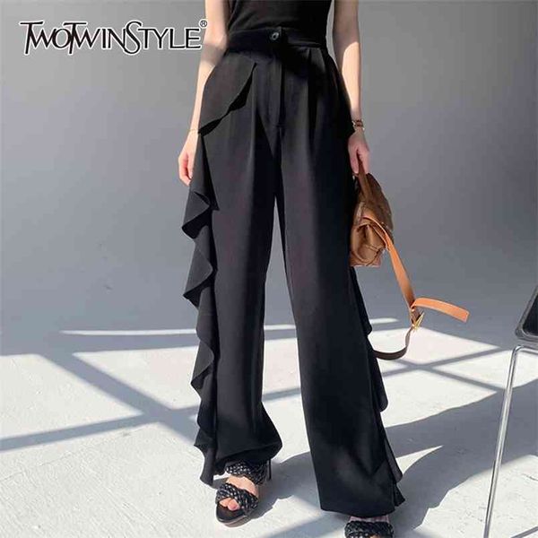 

patchwork ruffle pants for femael high waist loose wide leg straight pure color women's casual pant fashion 210521, Black;white