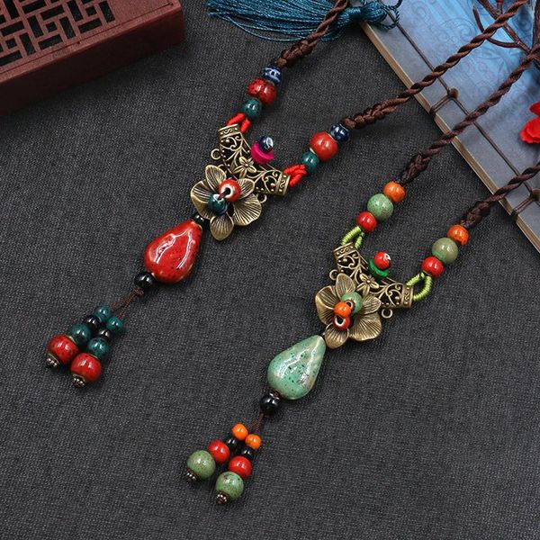 

pendant necklaces ethnic style retro necklace old rose flower love ceramic hand-wound long sweater accessories, Silver