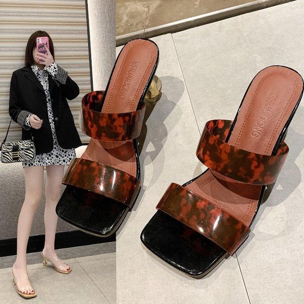 

leopard print 2021 women slippers square toe strange heels slipper summer solid outside shoes zapatillas mujer, Black