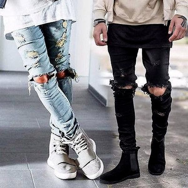 

wholesale-mens ripped skinny straight slim elastic denim fit biker jeans pants long pants stylish straight slim fit jeans, Blue