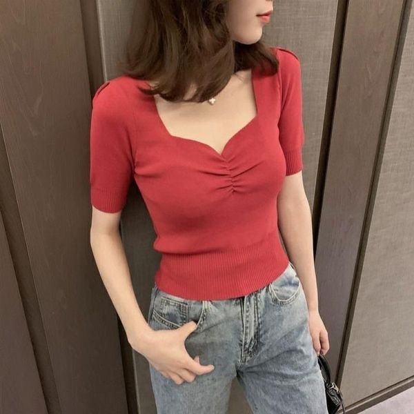 

women's sweaters summer knit women korean style square collar short-sleeved knitted sweater slim fashion casual, White;black