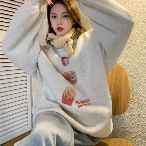 

women's hoodies & sweatshirts oversize women sweatshirt lovely hamburger printed pullove streetwear female autumn long sleeve loose cas, Black