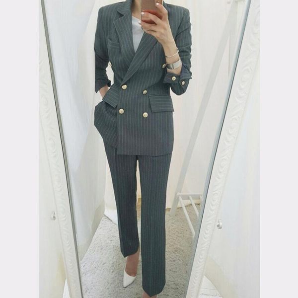 

work business striped women suits double breasted slim pant blazer jacket & pencil office lady 2 pieces set, White;black