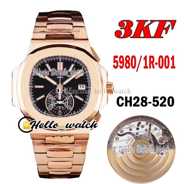 3KF 5980 / 1R-001 CH28-520C Automático Cronógrafo Mens relógio preto Textura Discagem 316L Rose Gold Steel Bracelet Stopwatch Sport Watches HWPP Hello_Watch