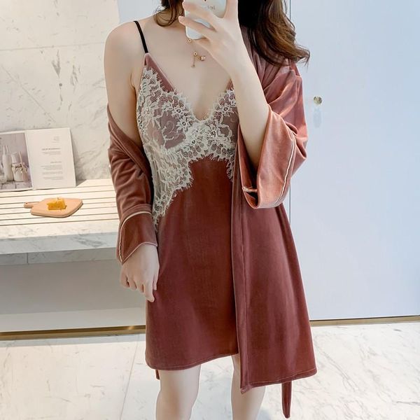 

women's sleepwear sweet lace trim kimono robe gown suit autumn velour lady casual chest bra v-neck backless strap nightwear, Black;red