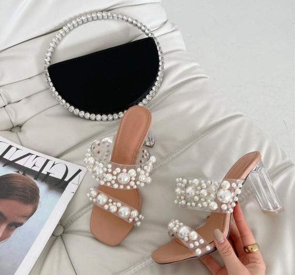 

dress shoes transparent pvc string bead woman fashion open toe slippers crystal perspex high heels 9cm slides beach sandale femme, Black