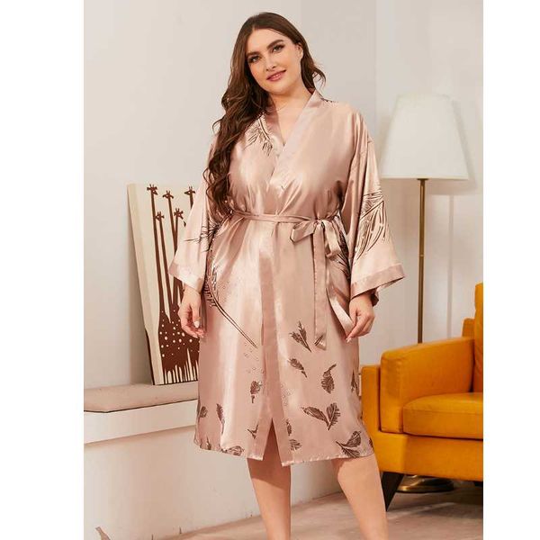 

women's sleepwear 2021 spring autumn nightgown printed imitate silk long-sleeved v collar nightwear lace-up home wear casual thin suit, Black;red