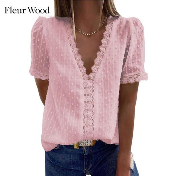 

women's blouses & shirts fleur wood women chiffon 2021 elegant v-neck lace patchwork blouse casual womens shirt hollow out ladies, White