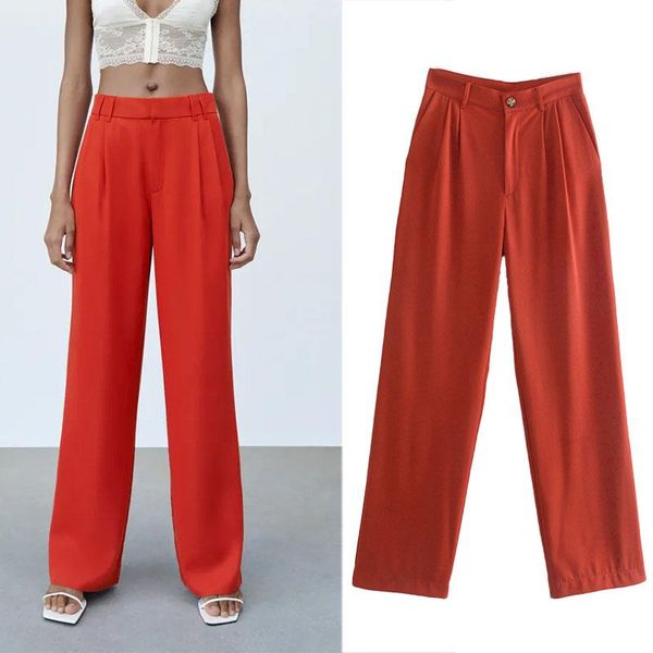 

women's pants & capris za 2021 women fashion red office straight vintage commute high waist zipper casual female buttons loose trousers, Black;white