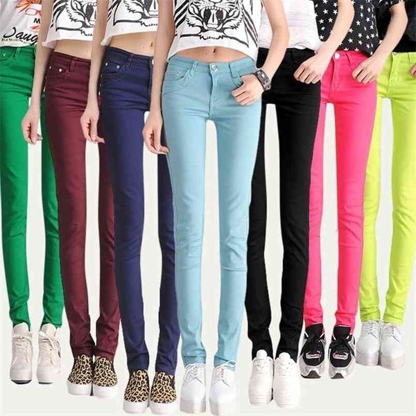 

lpows korean casual stretch jeans plus size skinny pencil pants candy color black white mom leggings trousers 210809, Blue