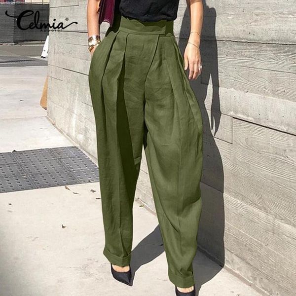 

women's pants & capris celmia women vintage harem high elastic waist fashion linen trouser casual loose pockets solid pleated long pant, Black;white