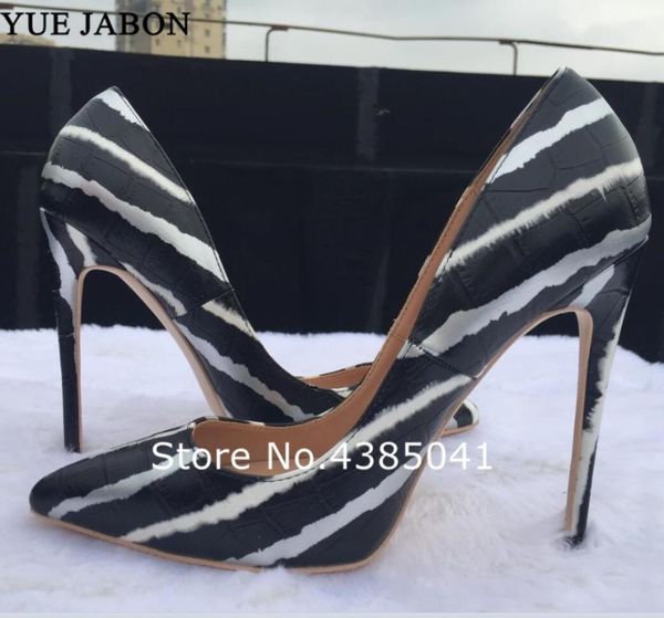 

women shoes black white line mixed printed pumps pointed toe ladies party high heels slides zapatos mujer plus size dress