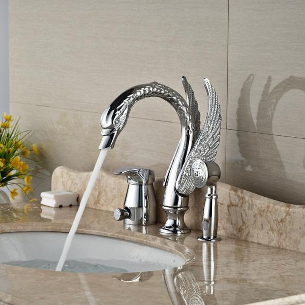 

single handle bathroom tub mixer faucet deck mount swan shape taps with handshower shower sets