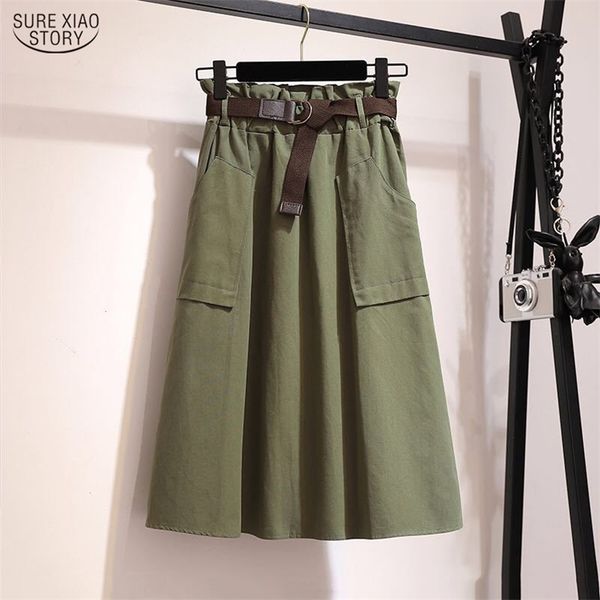

midi knee length korean elegant high waist skirt female summer autumn s womens with belt solid cotton 9900 210506, Black