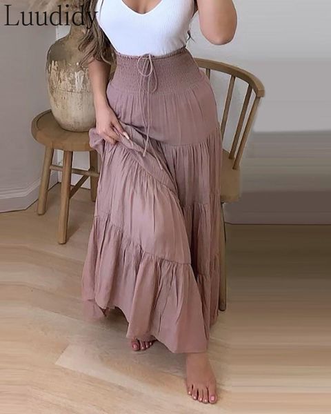 

skirts women summer high waist drawstring shirring detail maxi skirt, Black