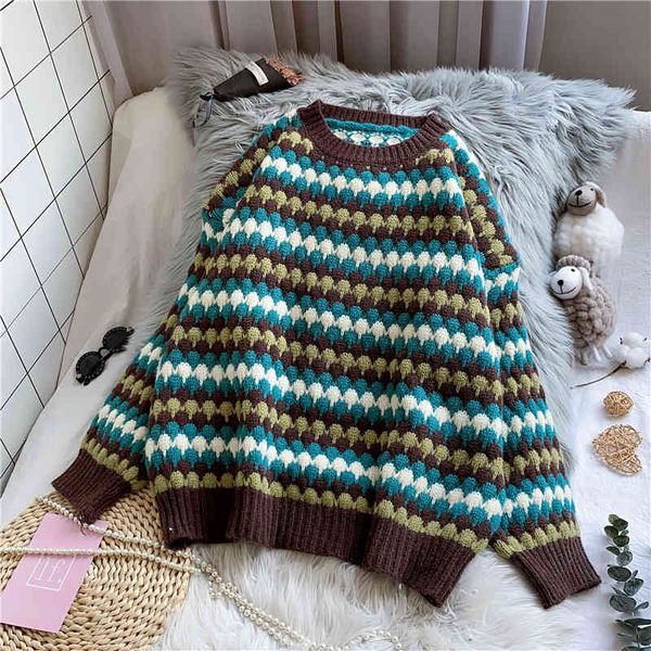 

h.sa sweater knitted women winter outwear loose pullover and pink green striped dots chick students jumper 210417, White;black