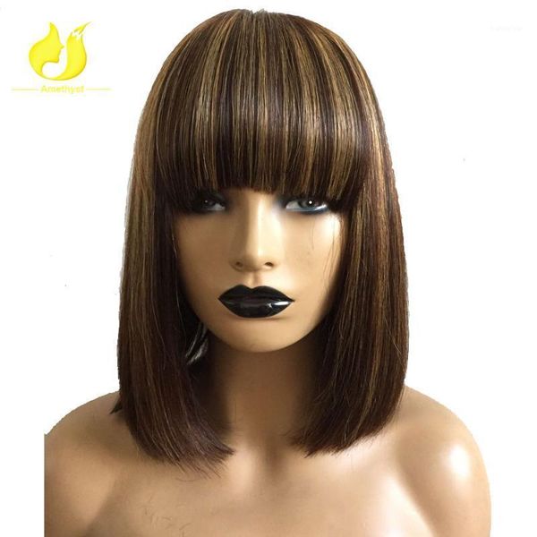

amethyst brown with highlight blonde human hair short bob silk lace front wigs bang ombre cut wigs1, Black;brown