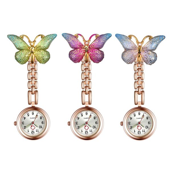 Butterfly em forma de enfermeira relógio enfermagem relógios delicado clip-on broche quartzo pendurado bolso fob broche senhoras relógio médico