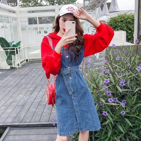 

casual dresses spring women spliced long sleeve denim dress hooded sashes loose fit knee-length a-line preppy style female, Black;gray