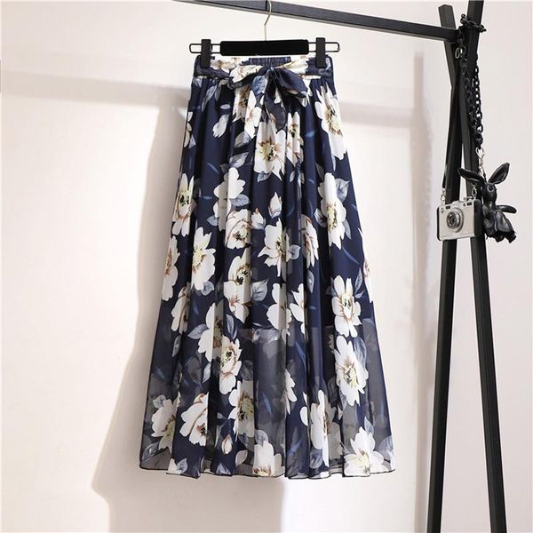 

skirts summer women chiffon vintage elegant bohemia midi skirt with belt 2021 high waist pleated womens lady print femal, Black