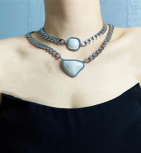 

pendant necklaces retro heavy industry titanium steel pearl necklace personality women's clavicle chain trend niche design, Silver