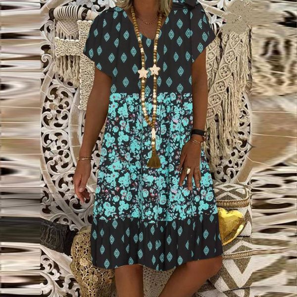 

h30 floral print womens dresses v neck short sleeve vintage casual summer boho bohemian beachwear, Black;gray