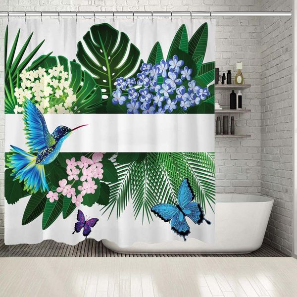 

shower curtains curtain tropical flowers birds butterflies exotic plants leaves jungle nature theme artwork green blue
